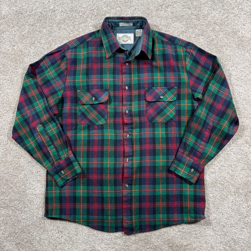 Northwest Territory Mens Large Green Red Plaid Flannel Shirt Long Sleeve